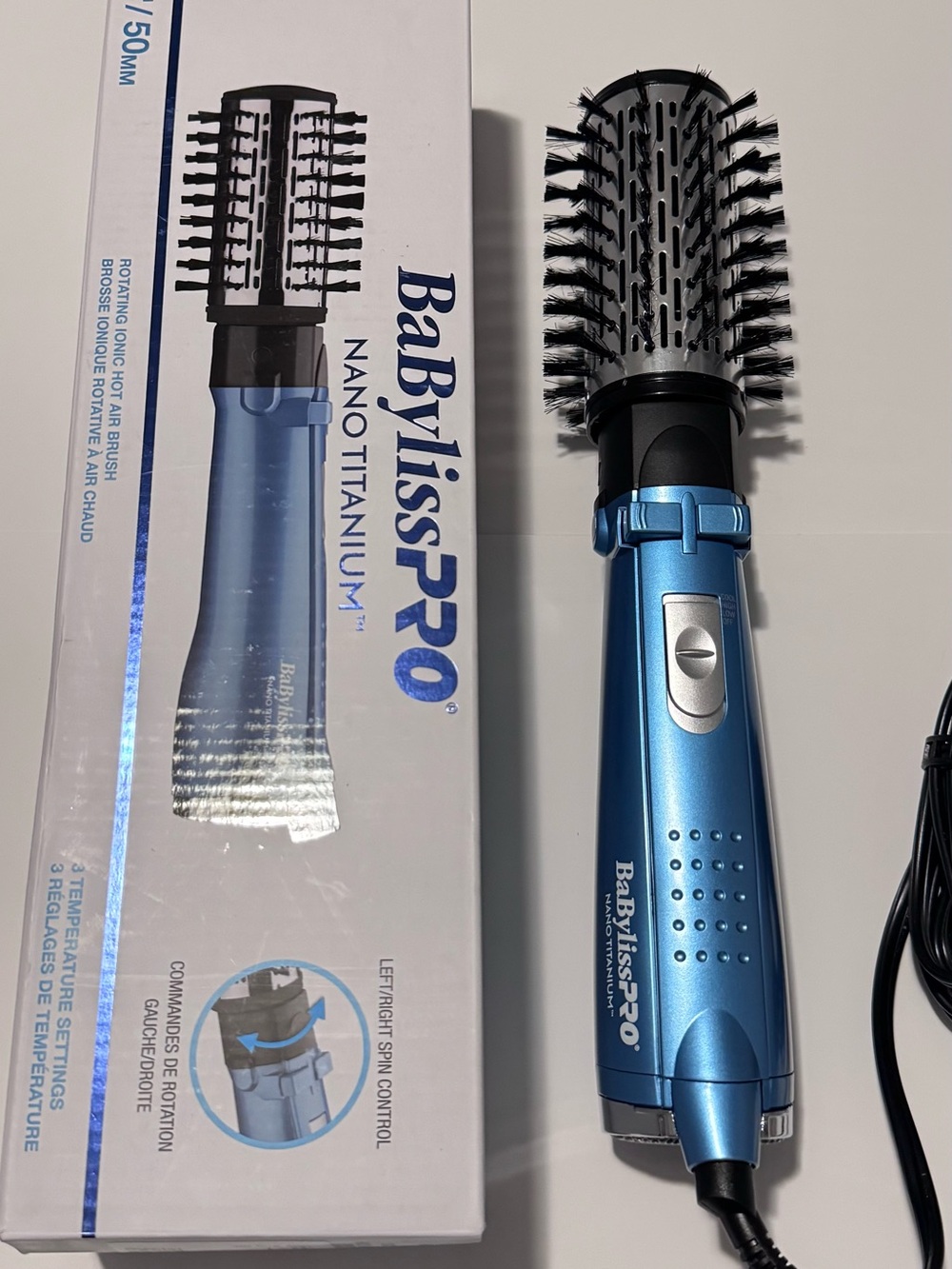 New - BaByliss PRO Nano Titanium Metallic Blue Rotating Hot Air Brush